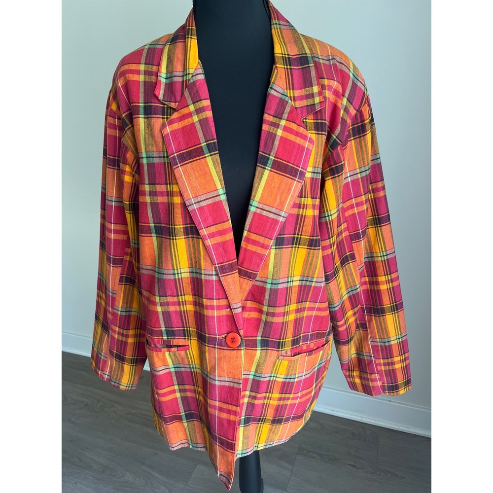 Vintage Adolfo Royalty Collection Plaid Cotton Blazer Red Orange Yellow Small